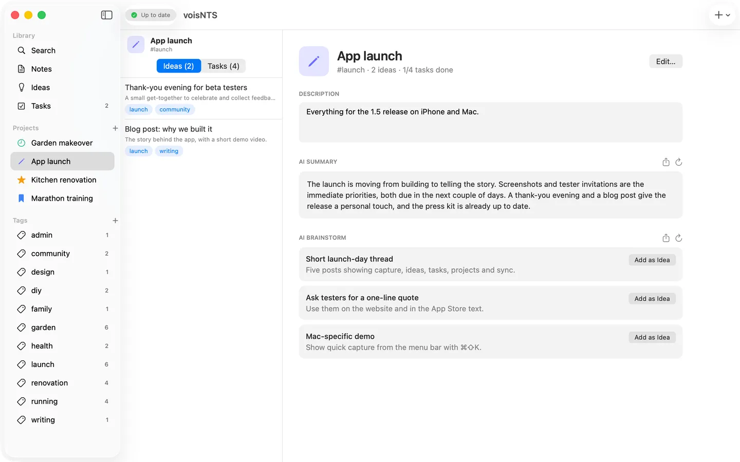 voisNTS for Mac showing a project with an AI summary
