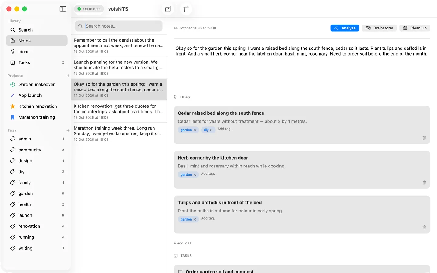 A voice note in voisNTS for Mac with the ideas and tasks extracted from it