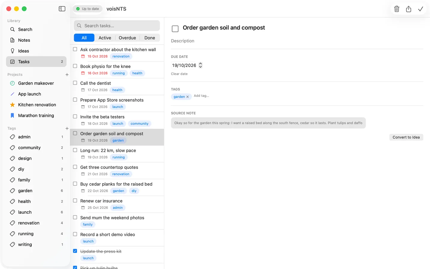 The task list in voisNTS for Mac, sorted by due date