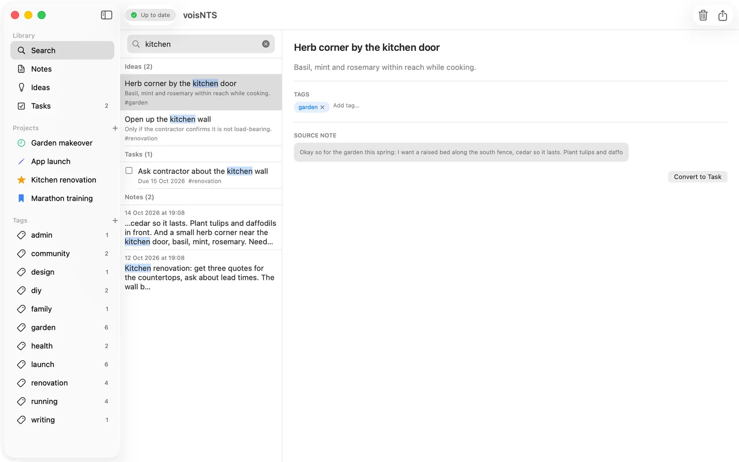 Searching for “kitchen” across notes, ideas and tasks in voisNTS for Mac